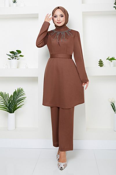 ModaMerve Stone Detailed Hijab Suit 282Dvl897-M Brown