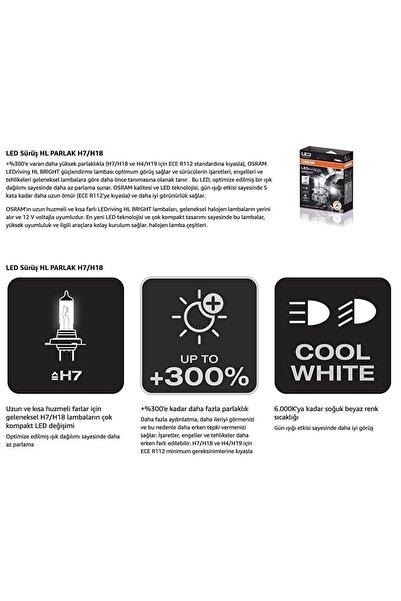 Osram H7 Led Xenon %300 Bright 4 Yıl Garantili 19w - 12v (2adet Far Için)