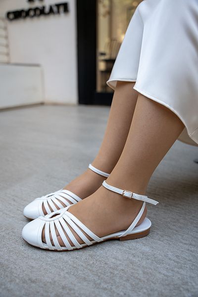 LAMİNTA Jasmine White Women's Ballerinas - with Ankle Tie, Buckle and Belt Detail