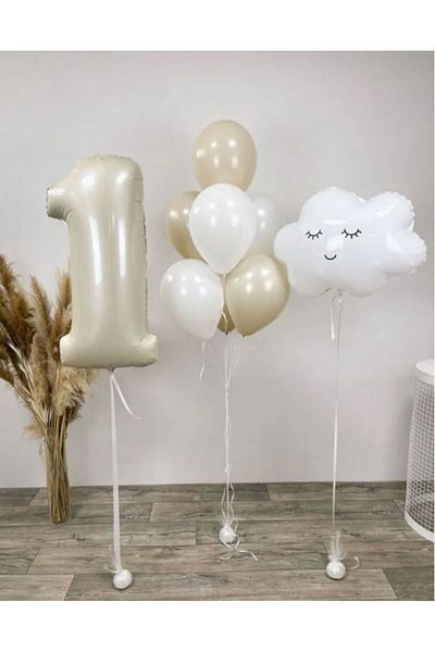Çemrek Süs Parti Cream Beige 1 Year Old Foil Balloon and Foil Cloud Balloon Set 12 Pieces