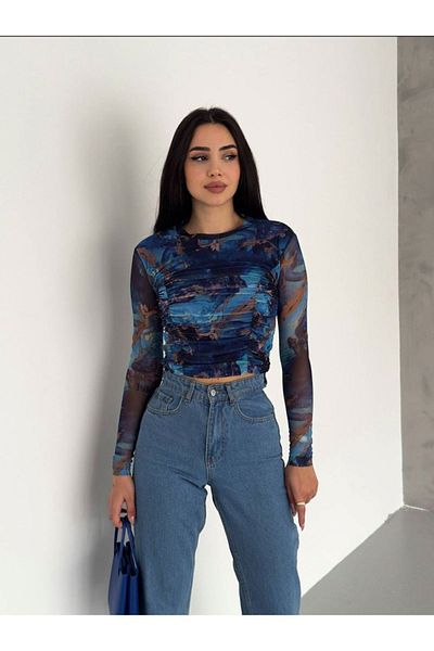jöns since 1997 Bluză Crop din tul albastru adunat de damă