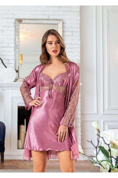 Angels Story Cămașă de noapte din satin Set de 2 dantelă și sutien dantelat acoperit cu trandafir uscat 1460
