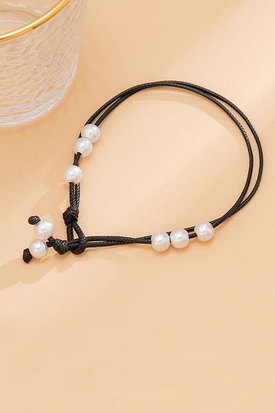 Glaren Women's Pearled Black Rope Anklet