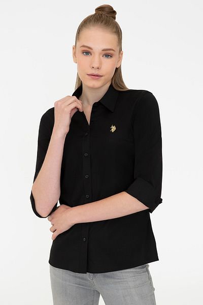 U.S. Polo Assn. Cămașă de bază neagră cu mânecă lungă pentru femei