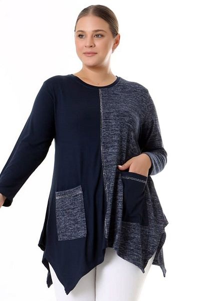 Kheos Double Color Blocked Stone Embroidered Round Neck Long Sleeve Asymmetrical Tunic Blouse