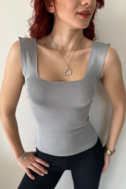 CİDDE Women's Strappy Square Neck Knitwear Knitted Tank Top Blouse