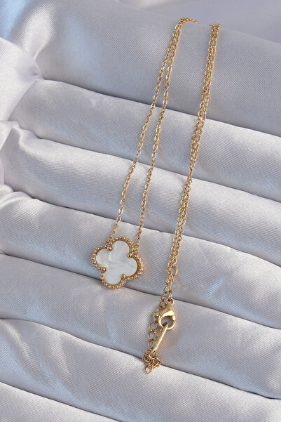 Clariss Gold Color White Pearlescent Clover Necklace (316L Steel)