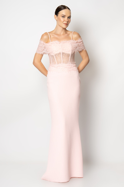 RENGIN Robası balenli beli transparan dantel abiye elbise | RENGIN