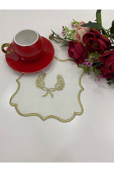 İNCİ ÇEYİZ 6 Pieces of Linen Embroidered Coffee Side Cocktail Napkin & Coasters