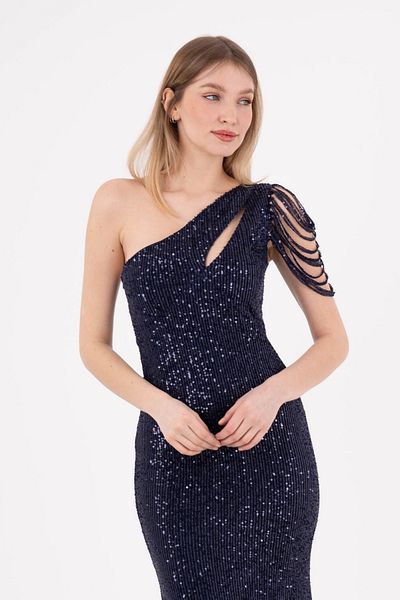 HOX'S Scarlet One Shoulder Maxi Evening Dress - Sequined and Cut Out Chest Low Cut, Navy Blue