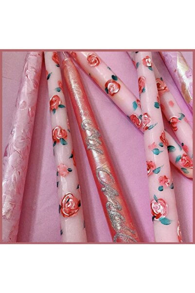 Soi Candle Store Tekli Pembe Üzeri Gül Desenli Şamdan Mumu