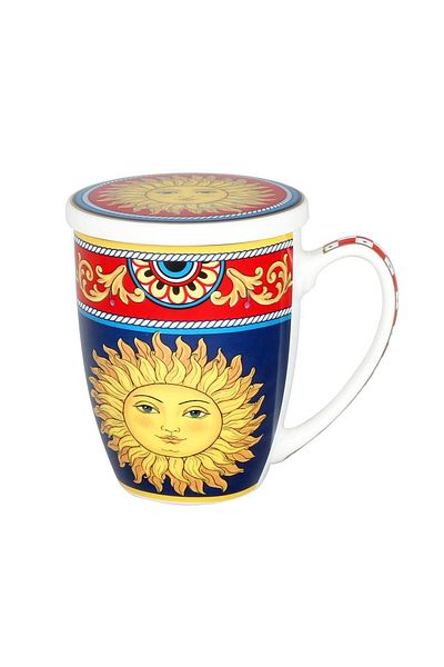 Lucky Art Odessa Patterned 570 ml Bone China Porcelain Mug - with Lid and Strainer