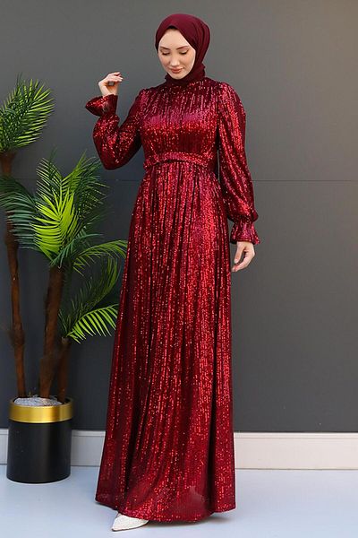 GİZ AGİYİM Burgundy Butterfly Evening Dress - Sequin Detailed