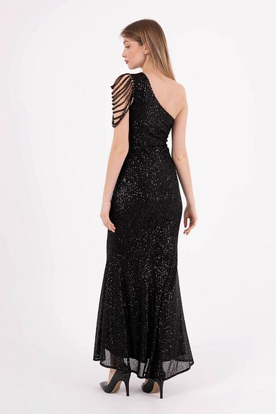 HOX'S Scarlet One Shoulder Maxi Black Fish βραδινό φόρεμα με παγιέτες και κομμένο στήθος