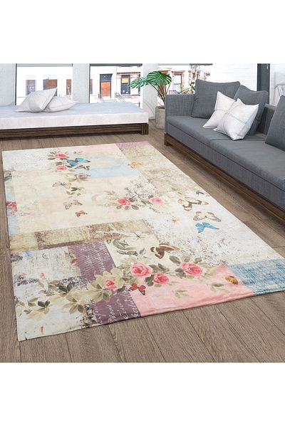 RENKLİBUTİK Modern Patterned Velvet Textured Carpet Cover - Elastic, Sponge, Non-slip, Washable - 4 M2