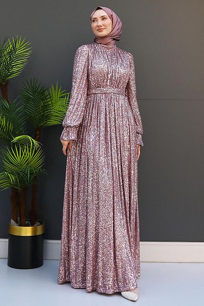 GİZ AGİYİM Pink Butterfly Patterned Sequin Sequin Evening Dress