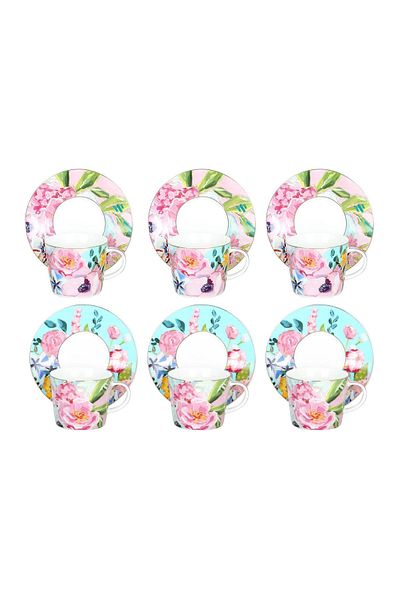 Lucky Art 220 ml Peony Patterned 6-Piece Bone China Porcelain Teacup Set