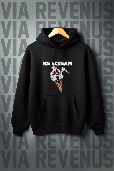 Vordevia Hanorac negru cu glugă, cu buzunar cangur imprimat IceScream, cu 3 f...