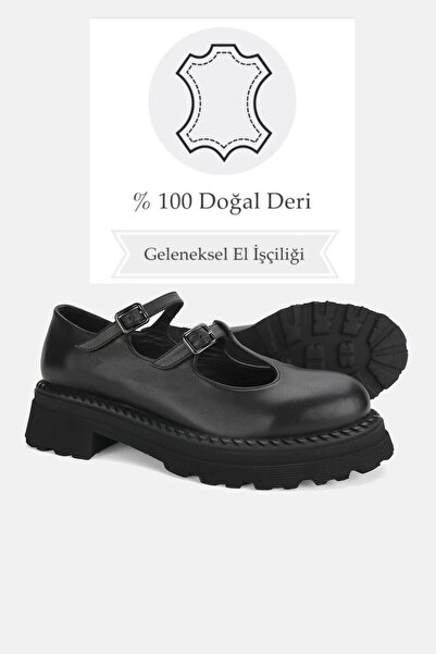 TUNAELLİ Black Genuine Leather - Double Banded Buckle Women's Shoes