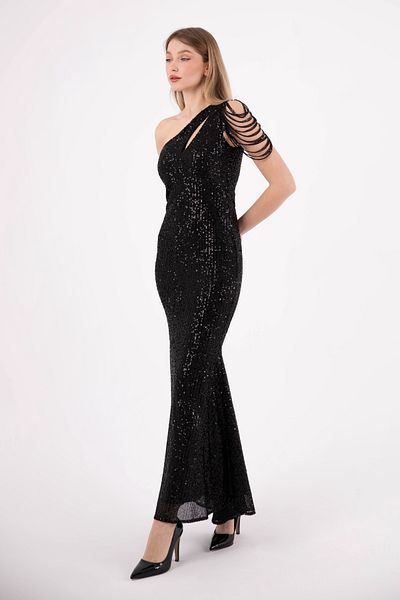 HOX'S Scarlet One Shoulder Maxi Black Fish βραδινό φόρεμα με παγιέτες και κομμένο στήθος