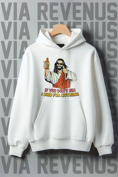 Vordevia White Hooded Jesus Printed Kangaroo Sweatshirt 3 Thread Raised Wide Fit