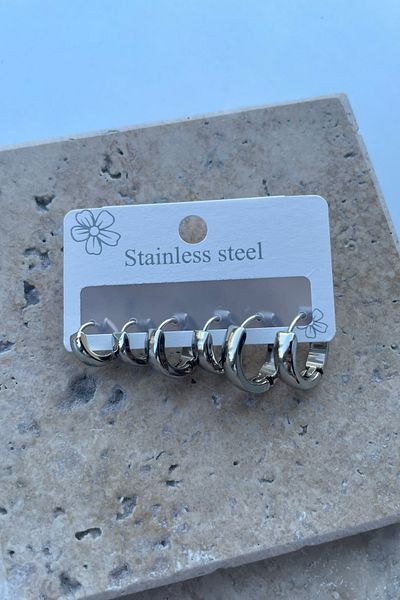 Jaida Moda Set of 6 Unisex Silver Oval Steel Hoop Earrings