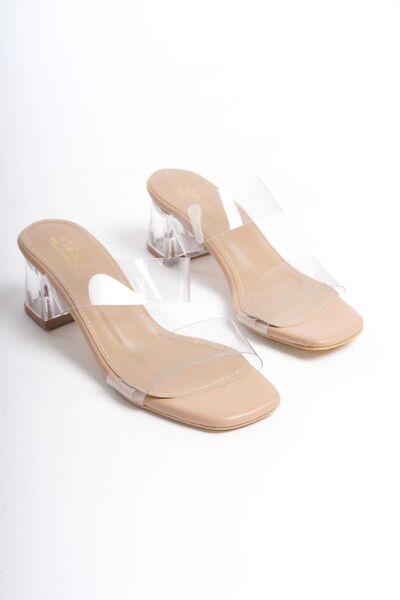 Bilalim Shoes Papuci cu toc pentru femei de culoare nudă - cu bretele transparente