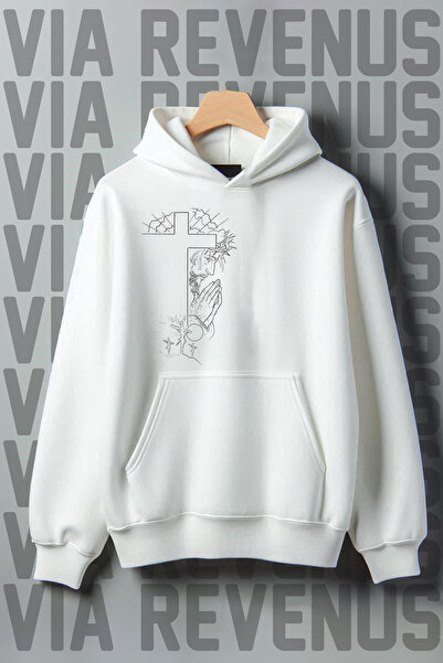 Vordevia Φούτερ με λευκή κουκούλα με στάμπα Jesus με τσέπη καγκουρό, 3 κλωστέ...