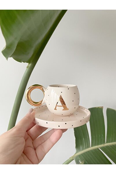 Mugtasarım كوب قهوة تركي مزدوج مطلي بالذهب عيار 24 قيراط حرف A