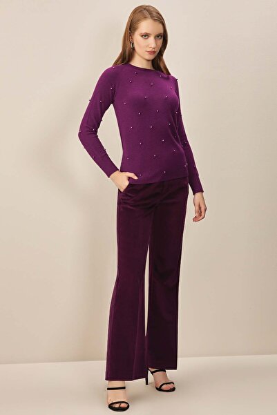 Guitar Yuvarlak Yaka Mor Triko Kazak