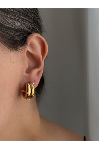 Owentis Çelik Gold Ikili Görünümlü Koryda Pearl Küpe -kararma Yapmaz-