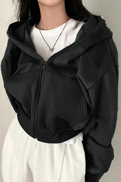 Touz Moda Μαύρη Ζακέτα Crop - Streetwear, Φερμουάρ, Μακρυμάνικο