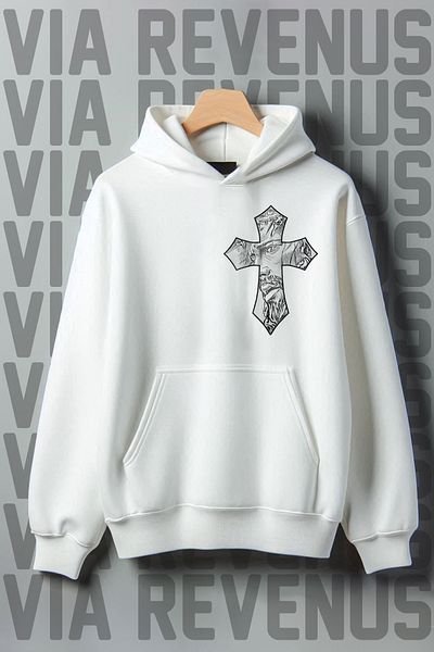Vordevia White Hooded Jesus Printed Kangaroo Sweatshirt 3 Thread Raised Wide Fit