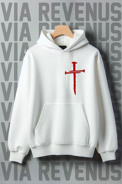 Vordevia White Hooded Jesus Printed Kangaroo Sweatshirt 3 Thread Raised Wide Fit
