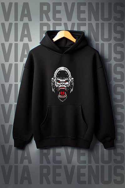 Vordevia Oversize Gorilla Printed Kangaroo Pocket Hooded Sweatshirt - 3 Thread Raster