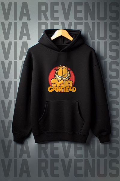 Vordevia Garfield Printed - Kangaroo Pocket Hooded Oversize Sweatshirt 3 Thread Raster