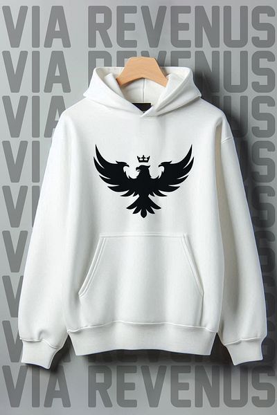 Vordevia White Hooded Sweatshirt - Eagle Printed, Kangaroo Pocket, 3 Thread Raster, Wide Fit