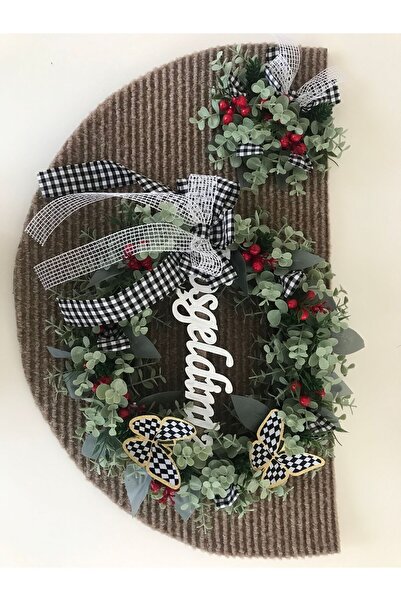 Zelis Design Kapısüsü Paspas 2’li Set Kokinalı Ekoseli Kurdeleli Kelebekli Ka...