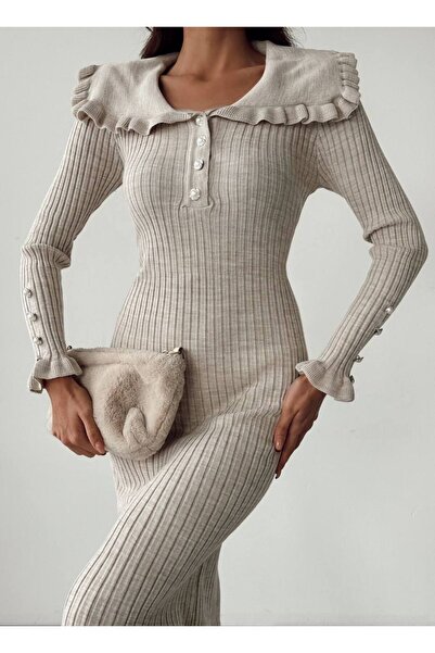 Lusin Stylish Long Knitwear Women's Dress with Stone Sleeves and Ruffle Detail