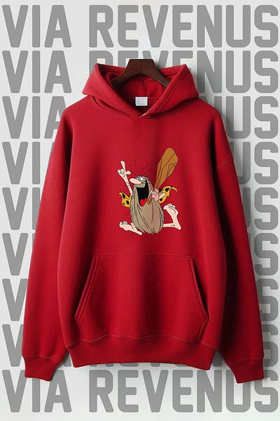 Vordevia Captain Cave Man Patterned - Oversize Kangaroo Pocket Hooded Sweatshirt, 3 Thread Raster