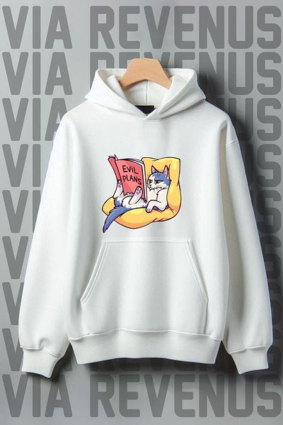 Vordevia White Hooded Cat Printed Wide Fit Sweatshirt - 3 Thread Raster Kangaroo Pocket