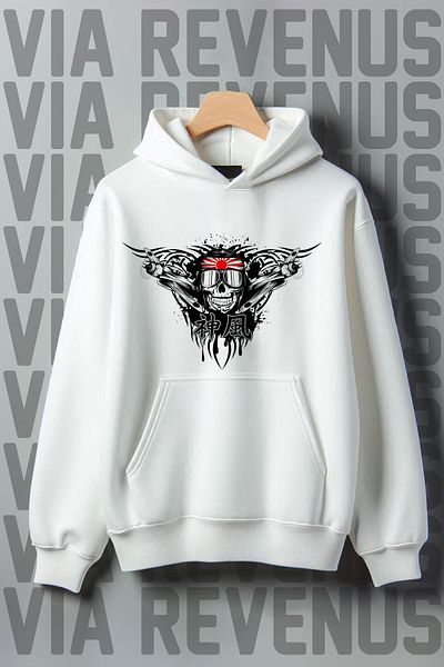 Vordevia White Kamikaze Printed Kangaroo Pocket Sweatshirt - Wide Fit, 3 Thread Raster