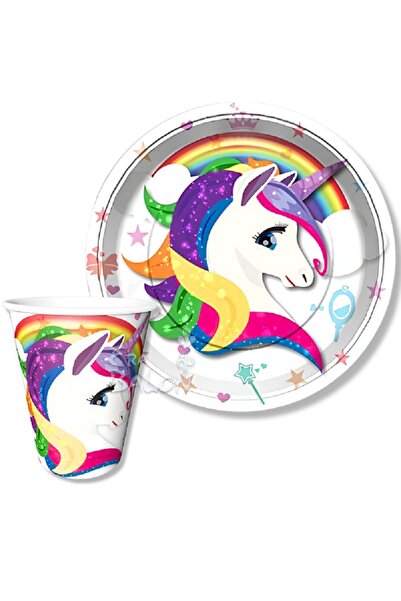turkuaz parti 8'Lİ UNİCORN RAİNBOW KARTON TABAK VE BARDAK SETİ