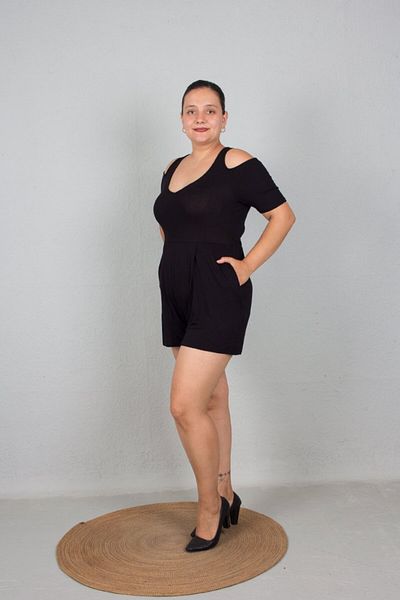 Truva XXL Black Shorts Jumpsuit - Plus Size, Shoulder Detail