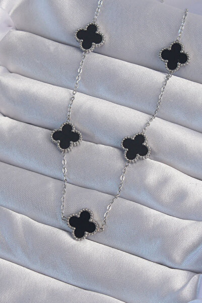 callerrons accessories Black Enamel 316L Silver Clover Necklace - Ebj 240822 ...