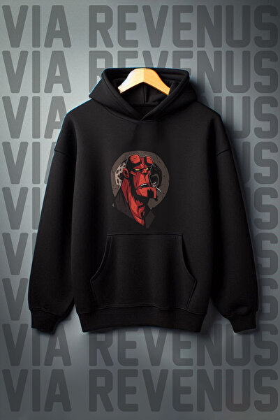 Vordevia Hanorac cu glugă supradimensionat cu imprimeu Hellboy - Buzunar cangur, raster cu 3 fire