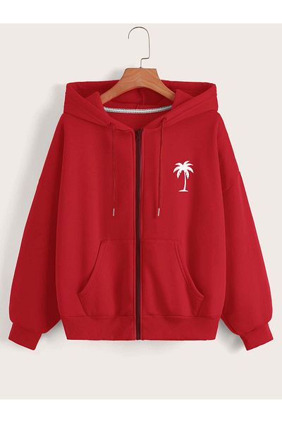 Fun Fashion Red Palm Printed Unisex Oversize Cardigan - Hooded, Zippered, Kangaroo Pocket