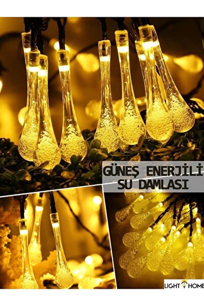 LightHome 50 Led 7 Metre Sarı Kristal Su Damlası Güneş Enerjili Led Işık Sola...