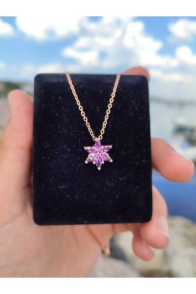 Aurora Jewelry Kadın Rose Gold Zincir Kaplama Zirkon Taşlı Mor Lotus Çiçeği Kolye
