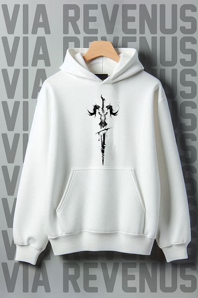 Vordevia White Hooded Sword Printed Wide Fit Sweatshirt - Kangaroo Pocket, 3 Thread Raster